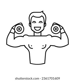 Simple outline of strong buy with dumbbells vector icon. Black line drawing or cartoon illustration of man exercising on white background. Fitness, sports, strength concept