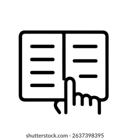 Simple Outline Style Finger Pointing Open Book Page Icon Illustration