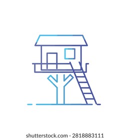 A simple outline style icon of a small wooden treehouse with a ladder and balcony on a tree trunk isolated on white background.