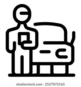 Simple outline style icon of a valet parking attendant holding car keys and standing next to a car