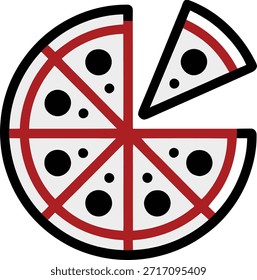 Icono de Vector de estilo de contorno simple que representa una pizza con una rebanada separada del pastel principal. La pizza tiene puntos negros que representan coberturas en una base blanca y roja.