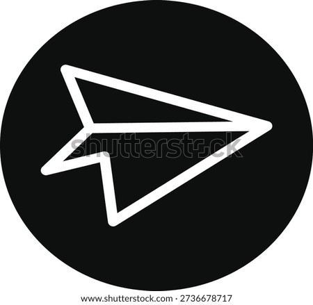 Simple outline of a stylized paper airplane pointing right centered within a solid black circular shape representing a versatile send or message icon for digital interfaces.