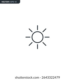 Simple outline sun icon in minimalist linear style. Perfect for weather apps, summer themes, daylight indicators, or solar energy visuals. Clean vector design on white background.