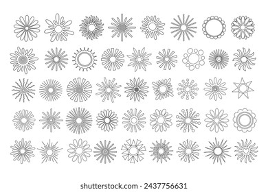 Simple outline suns set vector doodle illustration with round shape middle and beams, cute summer image for making cards, decor, vacation concept, holiday and summertime design for children