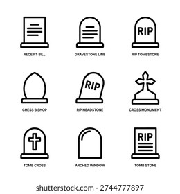 Simple Outline Tombstone and Monument Icon Set for Death Related Category