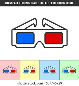 Simple outline transparent anaglyphic 3D glasses icon on different types of light backgrounds