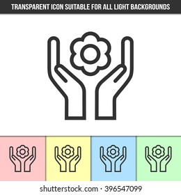 Simple outline transparent caring hands with flower icon on different types of light backgrounds