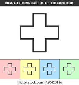 Simple outline transparent cross icon on different types of light backgrounds
