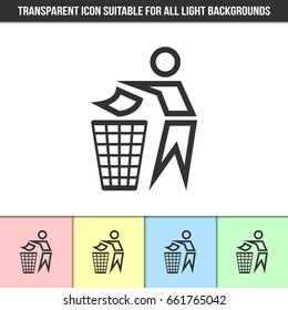 Simple outline transparent trash bin man icon on different types of light backgrounds