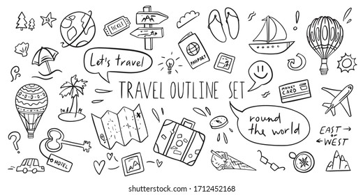 Simple outline travel set. Simple hand drawn doodle style. 