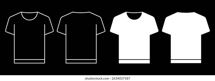 Camiseta de contorno simple. Se muestra desde la parte delantera y trasera. La camiseta tiene mangas cortas y un escote redondo. Vector del icono de la ropa para el Web, el ordenador y el App móvil. Conjunto de iconos de Vector de camiseta. 