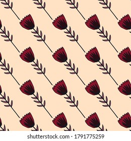 Simple outline tulip flowers seamless pattern with black contour. Soft light pink background. Stylized artwork. Perfect for wallpaper, wrapping paper, textile print, fabric. Vector illustration.