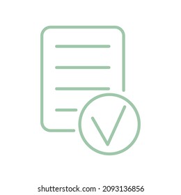 Simple outline turquoise document icon with a check mark inside a circle. Documentation check concept. Colored vector modern minimal sign