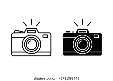 Simple outline of two cameras with flash symbols above, representing photography or camera equipment in a clean, monochrome style.
