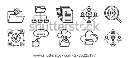 Simple Outline tyle of Content Creator Assets and Collaboration Icons set for Workflow, UI and SaaS 