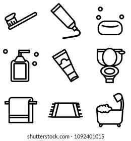 Simple outline of variety equipment in toilet on white background