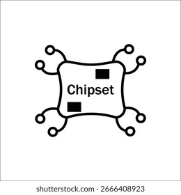 Ein einfaches Vektorsymbol für die Kontur eines Chipsatzes oder Prozessors mit dem Wort "Chipsatz" und zwei durchgezogenen schwarzen Rechtecken im Inneren. Ideal für Technik und Elektronik.
