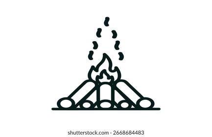 Ein einfaches Vektorsymbol mit einem Umriss, das ein Lagerfeuer mit Holzstämmen auf weißem Hintergrund darstellt.