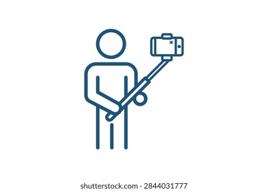 A simple outline vector icon representing a human figure holding a selfie stick with a mobile phone for photography
