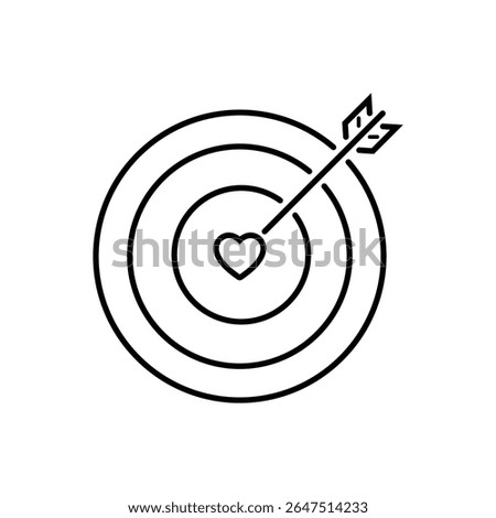 A simple outline vector icon of a target with an arrow hitting a heart, representing love goals or precise affection.