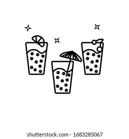 Simple outline vector icon of three lemonade glasses. Festive or party food and drink concept. Bubble drink