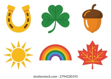 Simple outline vector icons for autumn elements, featuring horseshoe, clover, acorn, maple leaf, rainbow, and morning sun.