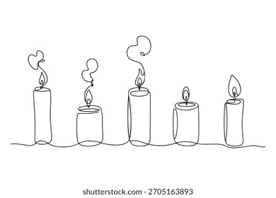 Ilustración vectorial de contorno simple de velas en llamas estilo de dibujo continuo de una sola línea
