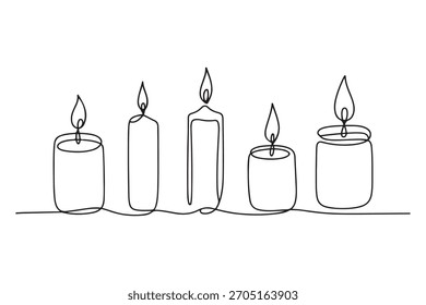 Ilustración vectorial de contorno simple de velas en llamas estilo de dibujo continuo de una sola línea
