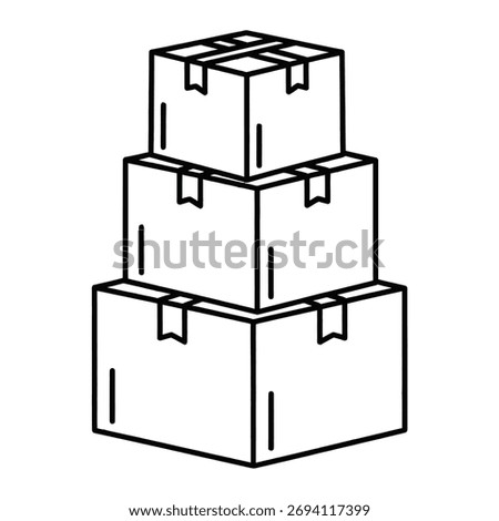 A simple outline vector illustration depicts a stack of three cardboard boxes, commonly used for shipping, storage, delivery, and logistics. this icon represents warehouse inventory and packaging.