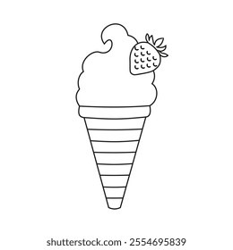 Simple outline vector illustration of ice cream in a waffle cone. Icon, outline drawing in flat style on a white background
