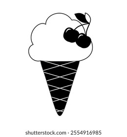 Simple outline vector illustration of ice cream in a waffle cone. Icon, outline drawing in flat style on a white background