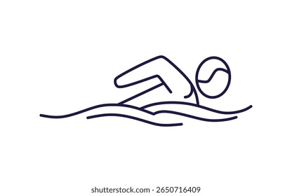Simple outline vector illustration of a swimmer doing freestyle or butterfly stroke on water waves. Ideal for swimming, fitness or water sports icons.