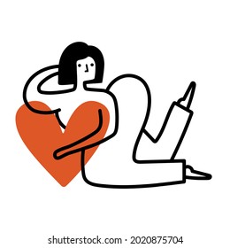 Simple outline vector illustration with woman and red heart. Cute print design, sticker template