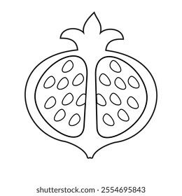 Simple outline vector image of pomegranate. Icon, outline drawing in flat style of cut pomegranate on white background
