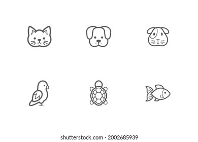 Simple outline vector pets icons set. Collection of six isolated pictograms with animal heads, fish, turtle and bird for pet shop