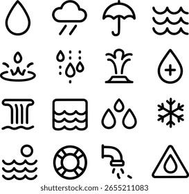 Simple Outline Water Element Icon Set Weather and Nature Symbol Collection