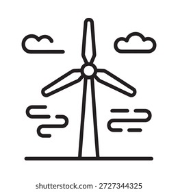 Esquema simple de una turbina de viento con nubes y campo de hierba debajo