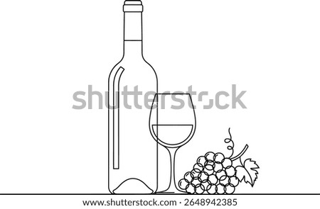 Simple Outline Wine Bottle, Glass, and Grapes Illustration