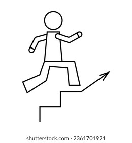 Simple outline of worker running up career ladder vector icon. Black line drawing or cartoon illustration of businessman on staircase on white background. Promotion, growth, success concept