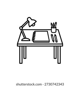 Simple Outline Workplace Desk Lamp and Stationery Icon Illustration