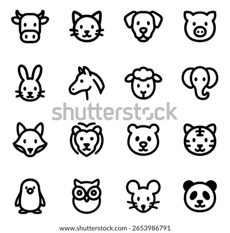 Simple Outlined Black Animal Face Icon Collection