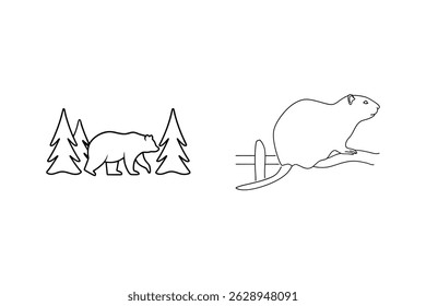 Simple outlined drawings of a bear and beaver in a forested nature setting