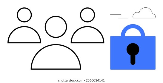 Simple outlined figures of three people next to a blue padlock with a keyhole and a cloud. Ideal for team collaboration data protection privacy cloud computing network security. Black and blue