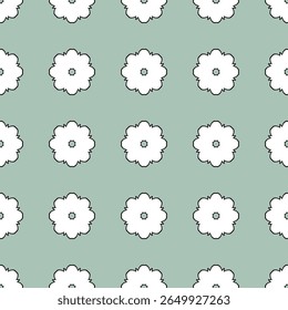 Flores simples delineadas con una sensación pastel fresca. Limpie los contornos florales sobre una base verde suave. Estilo dibujado a mano patrón de boceto floral sin fisuras.