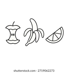 Conjunto de iconos de frutas con un contorno simple: núcleo de manzana, plátano pelado y cuña de naranja, arte de una sola línea, elegante.