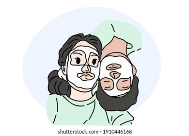 Ilustración vectorial simple delineada a mano de la pareja que usa la máscara de hoja juntos. Las parejas jóvenes pasan tiempo relajándose cuidando su piel facial