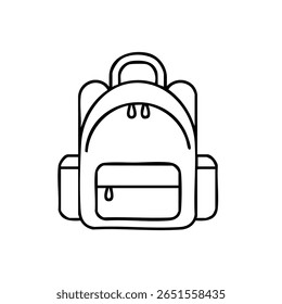 A simple, outlined illustration of a backpack, featuring a main compartment, front pocket, and carrying handle.