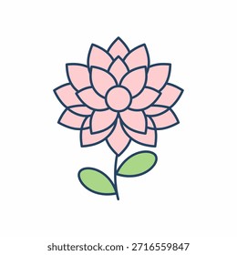 Una ilustración simple y delineada de una flor rosa con múltiples pétalos y dos hojas verdes en un tallo. El diseño es limpio y gráfico, adecuado para íconos o Elementos decorativos.