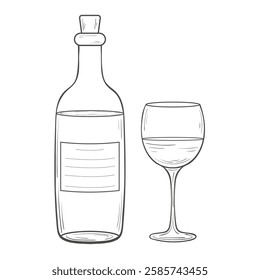 Simple outlined illustration of a wine bottle and a wine glass. Corked bottle of wine and a filled glass of wine hand drawn doodle illustration for design. coloring pages, books, articles, menu