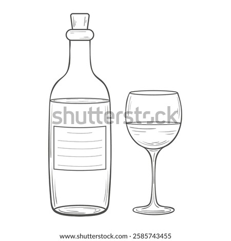 Simple outlined illustration of a wine bottle and a wine glass. Corked bottle of wine and a filled glass of wine hand drawn doodle illustration for design. coloring pages, books, articles, menu